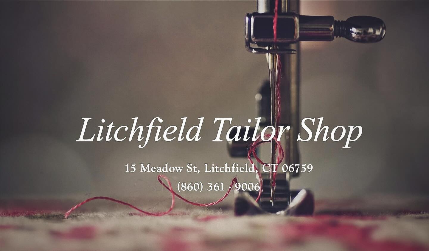 Original Litchfield Tailor Shop sewing-machine banner with Meadow Street address and phone